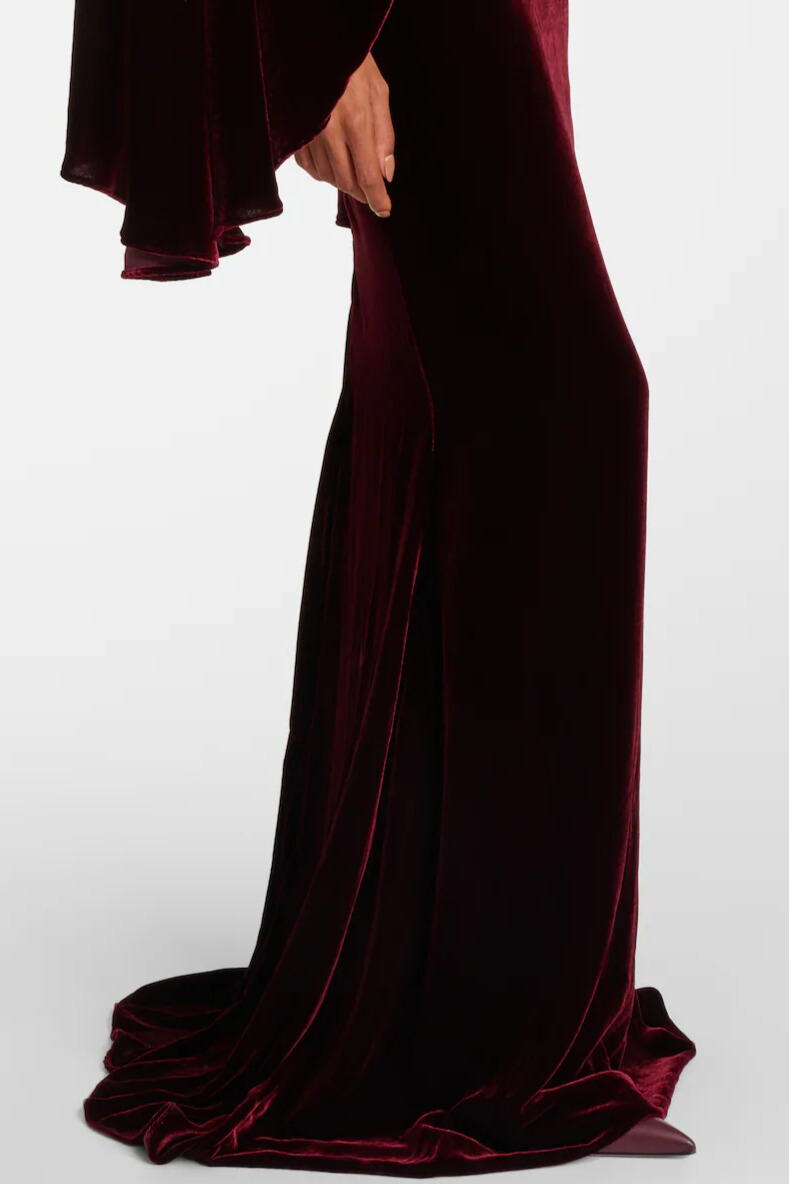 Dixon Cape Sleeve Draped Velvet Maxi Dress In Wine