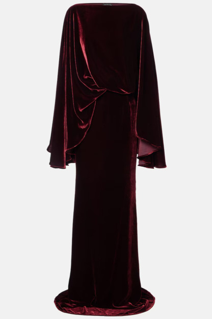 Dixon Cape Sleeve Draped Velvet Maxi Dress In Wine