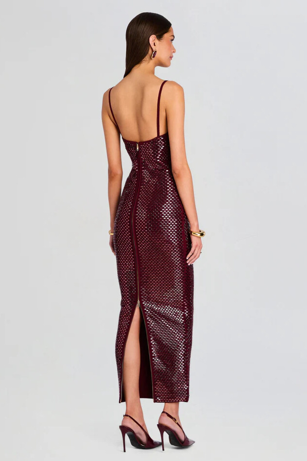 Nydia Spaghetti Rhinestone Maxi Dress In  Wine