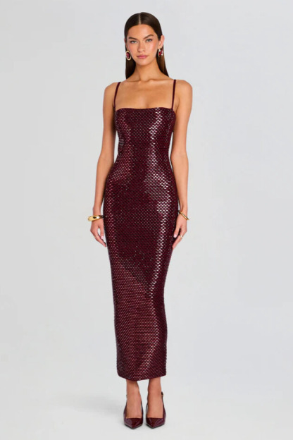 Nydia Spaghetti Rhinestone Maxi Dress In  Wine