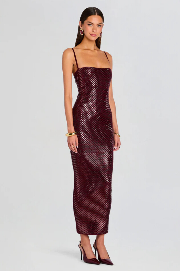 Nydia Spaghetti Rhinestone Maxi Dress In  Wine