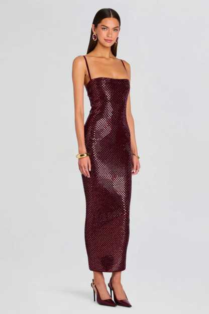 Nydia Spaghetti Rhinestone Maxi Dress In  Wine