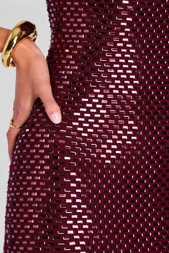 Nydia Spaghetti Rhinestone Maxi Dress In  Wine