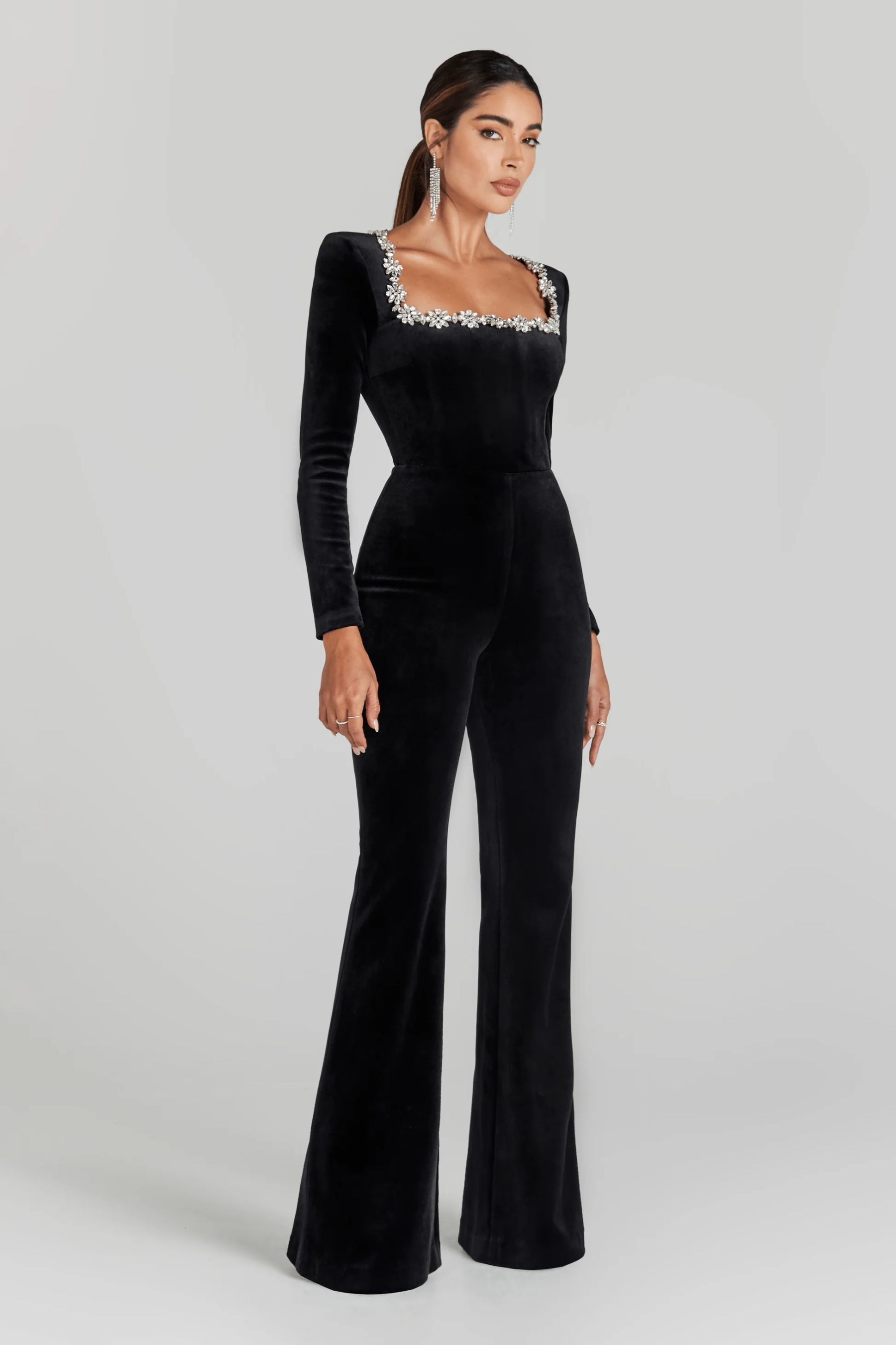 Dione Square Neck Rhinestone Velvet Jumpsuit In Black
