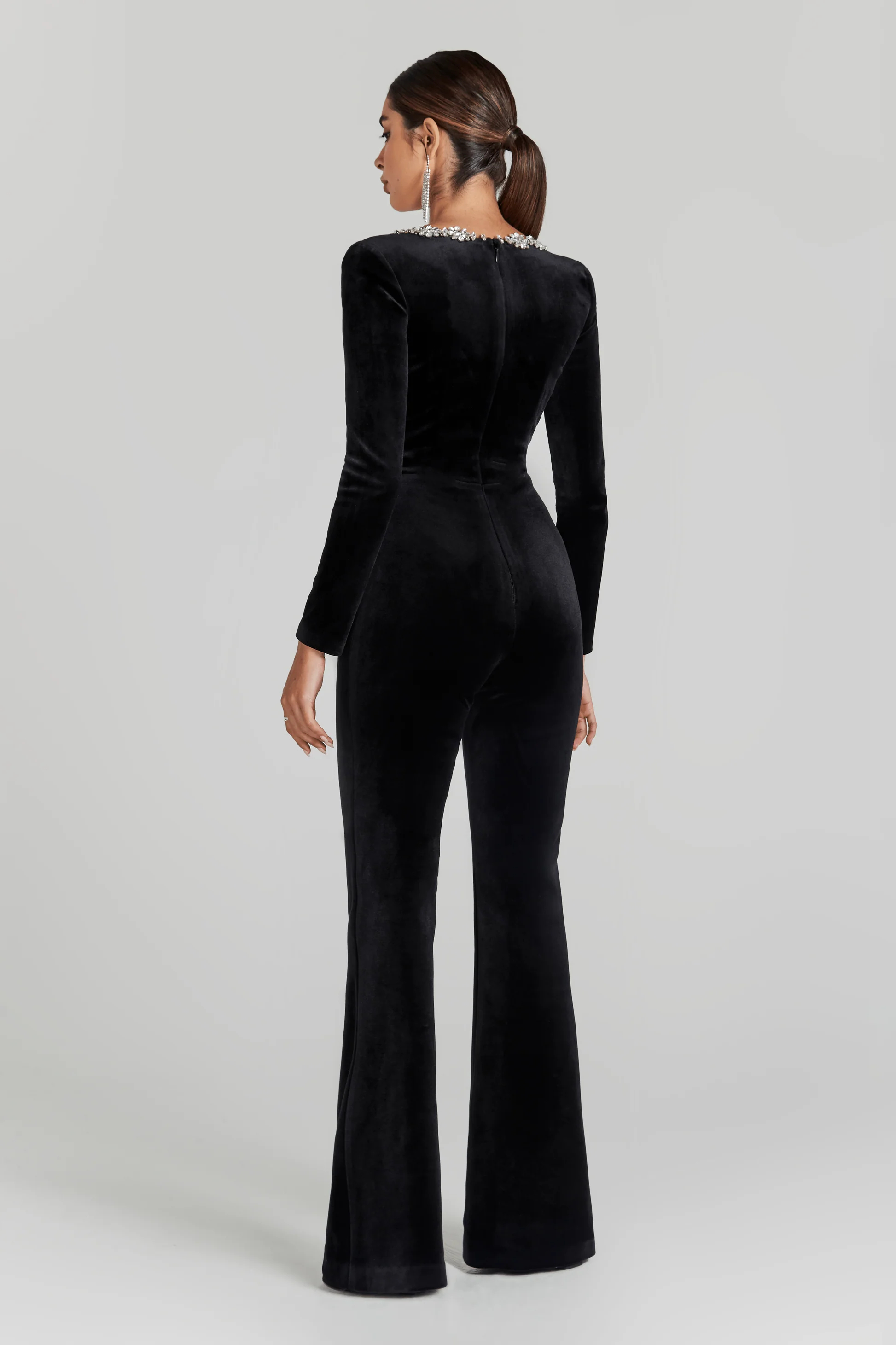 Dione Square Neck Rhinestone Velvet Jumpsuit In Black