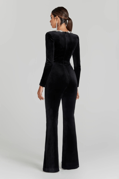 Dione Square Neck Rhinestone Velvet Jumpsuit In Black