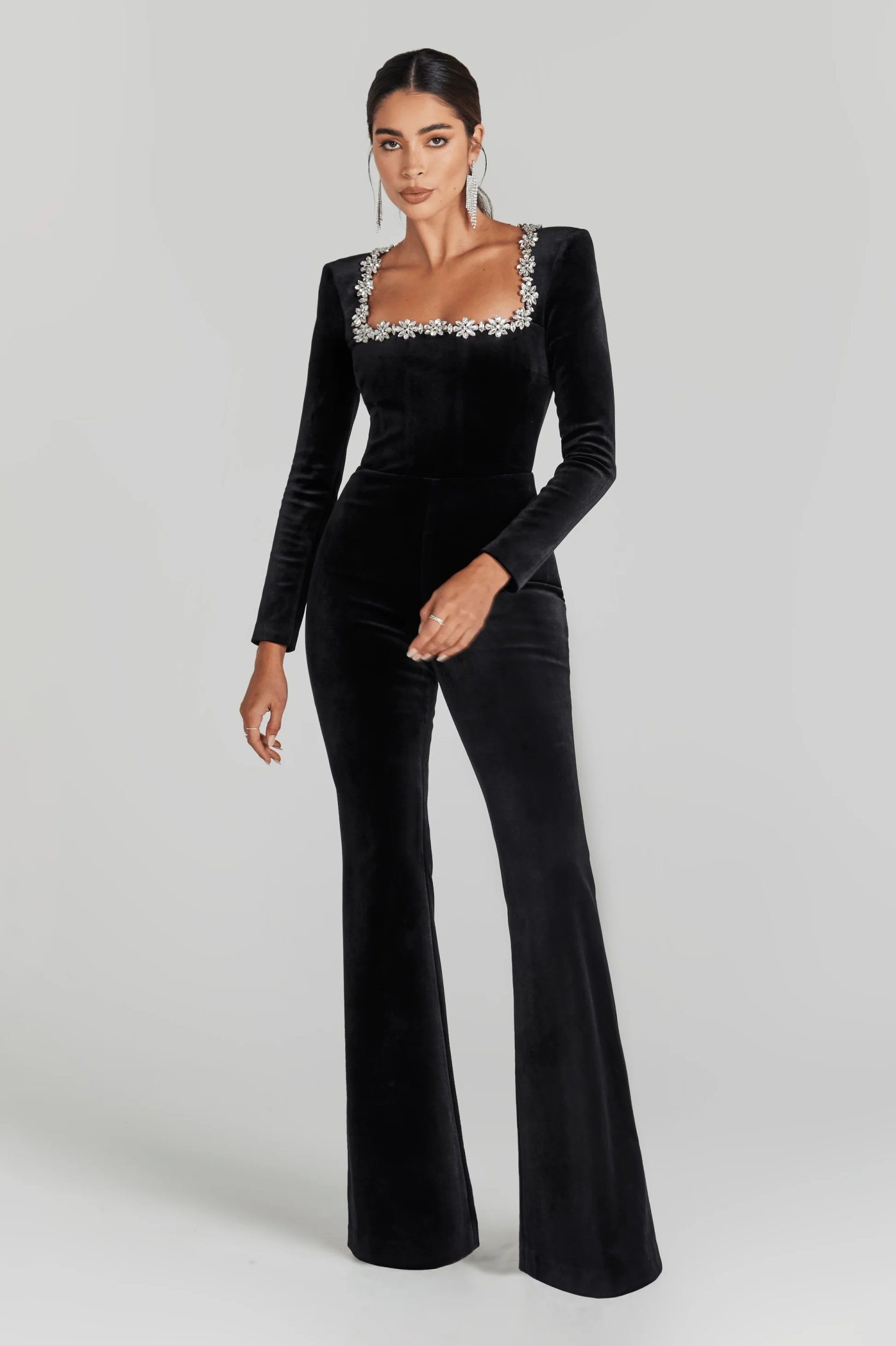 Dione Square Neck Rhinestone Velvet Jumpsuit In Black