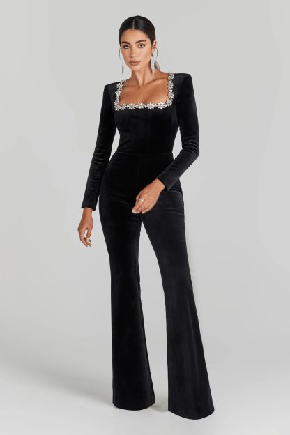 Dione Square Neck Rhinestone Velvet Jumpsuit In Black