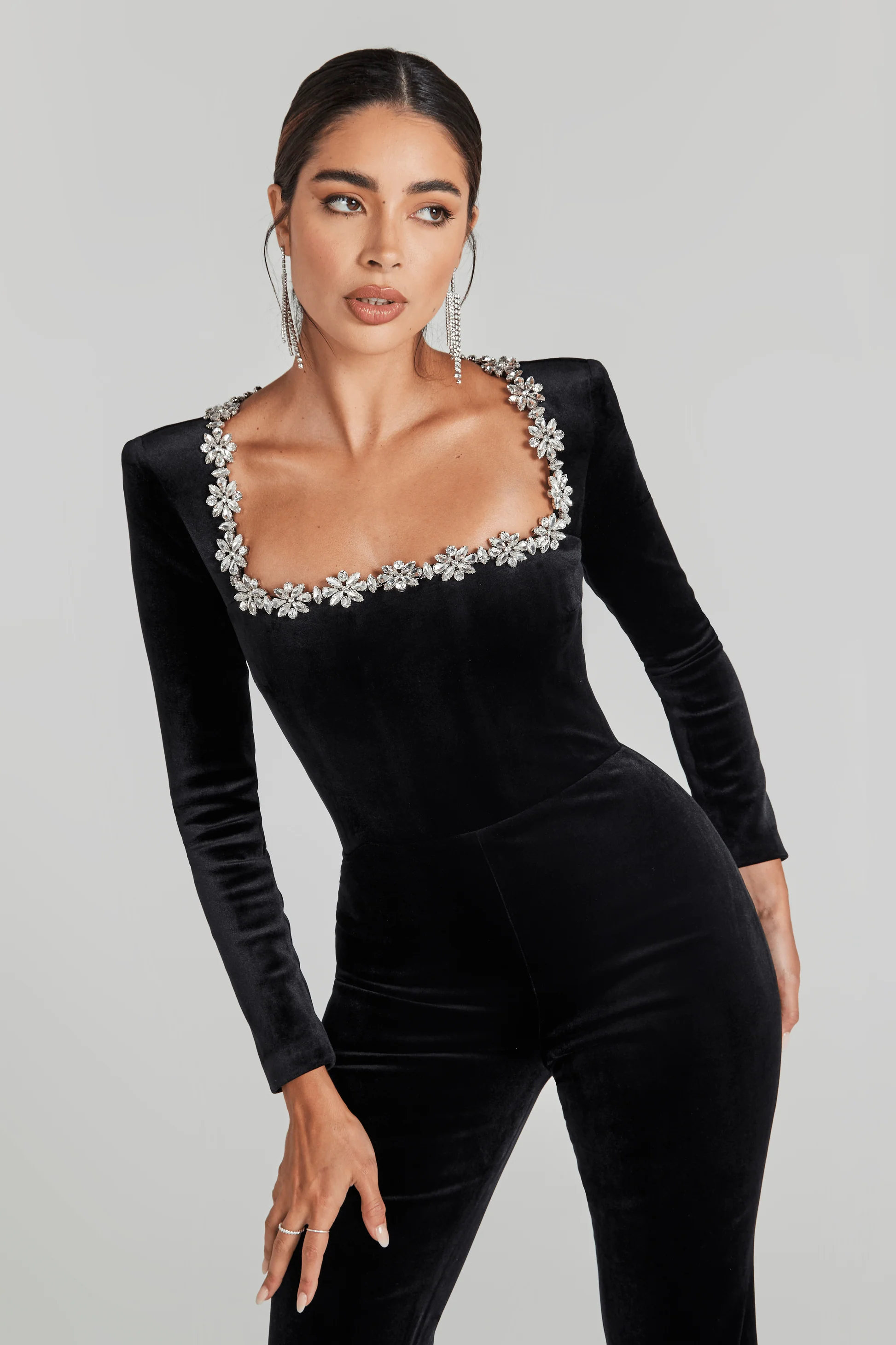 Dione Square Neck Rhinestone Velvet Jumpsuit In Black