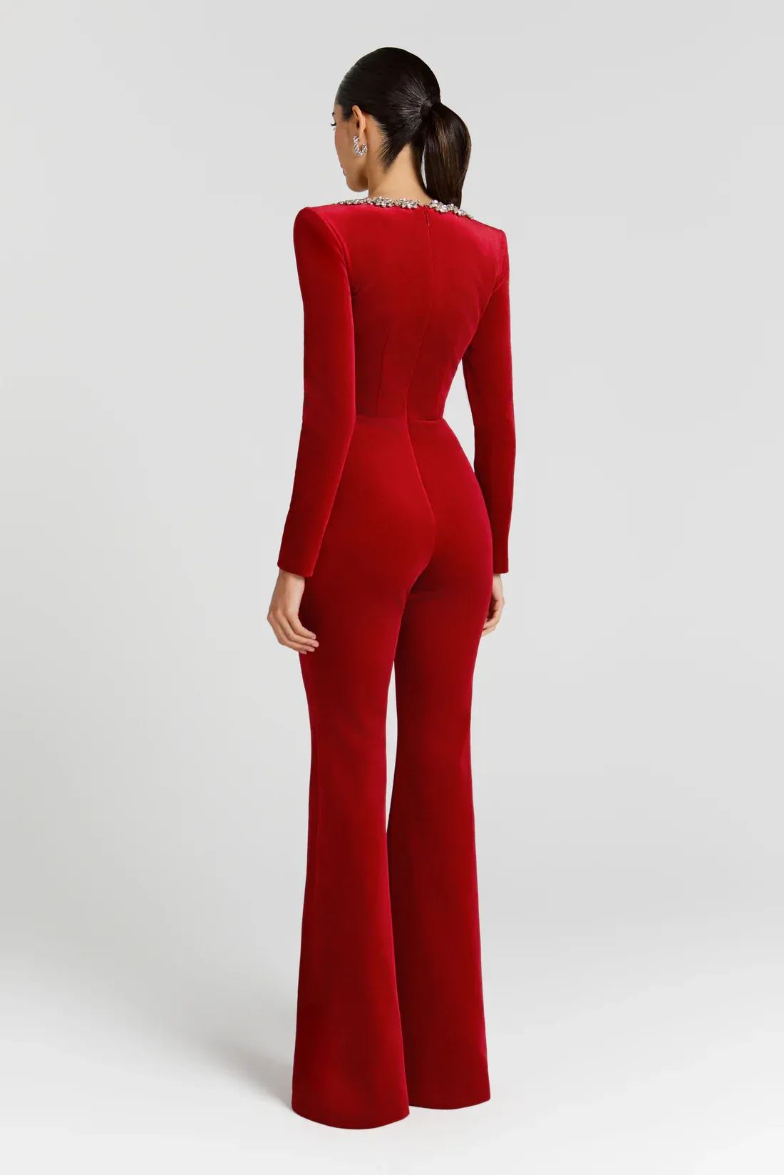 Dione Square Neck Rhinestone Velvet Jumpsuit In Red