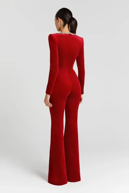Dione Square Neck Rhinestone Velvet Jumpsuit In Red