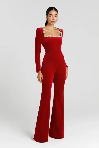 Dione Square Neck Rhinestone Velvet Jumpsuit In Red