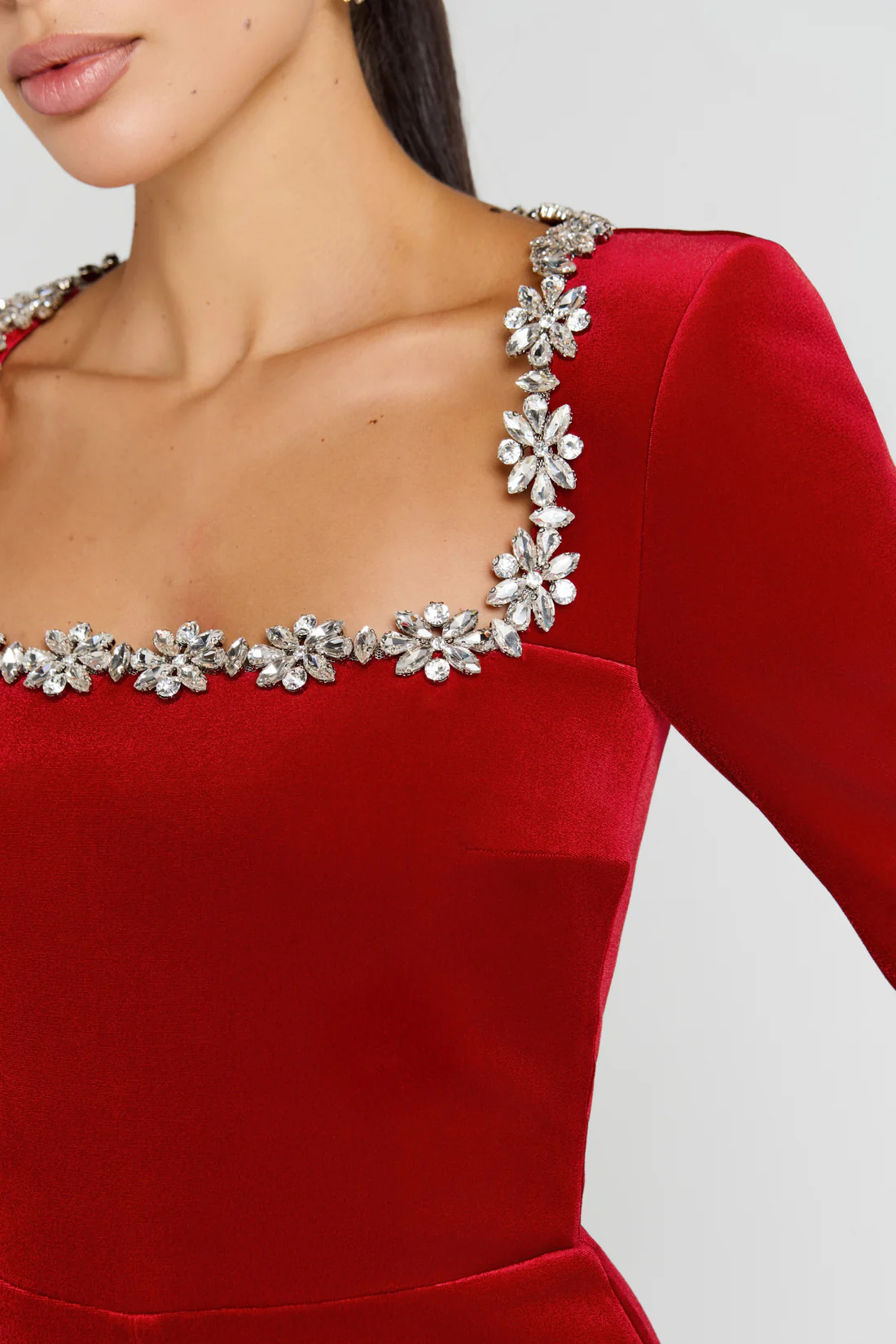 Dione Square Neck Rhinestone Velvet Jumpsuit In Red