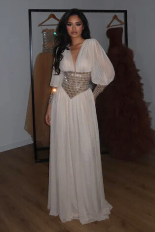 Eira Plunge Neck Balloon Sleeve Rhinestone Maxi Dress In White