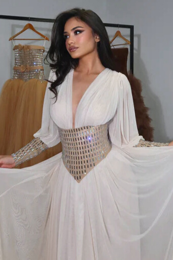 Eira Plunge Neck Balloon Sleeve Rhinestone Maxi Dress In White