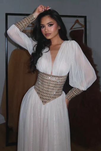 Eira Plunge Neck Balloon Sleeve Rhinestone Maxi Dress In White