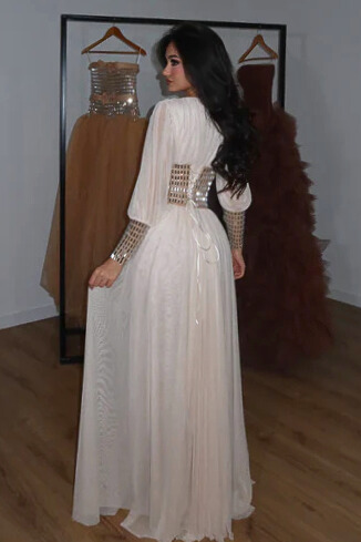 Eira Plunge Neck Balloon Sleeve Rhinestone Maxi Dress In White