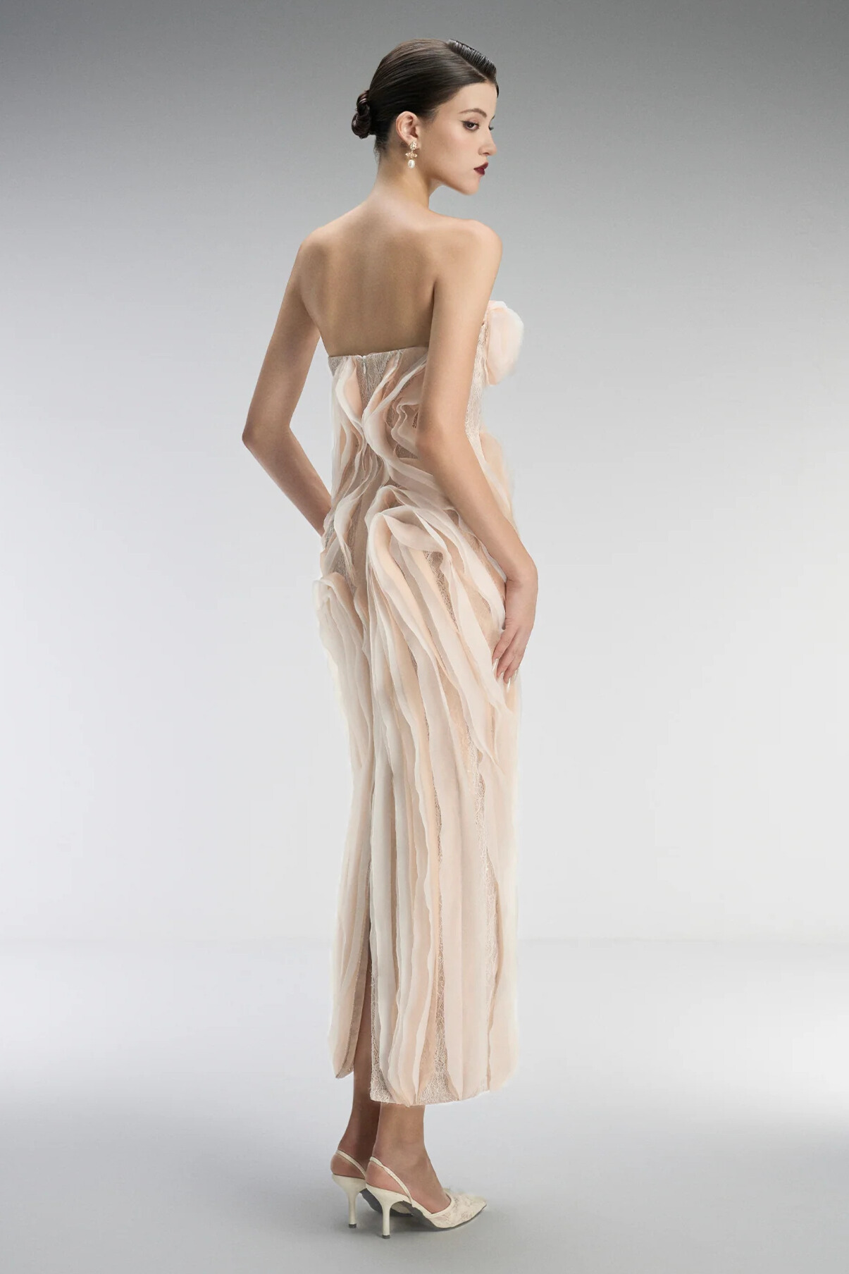 Serbira Strapless Floral layered Midi Dress In Pink