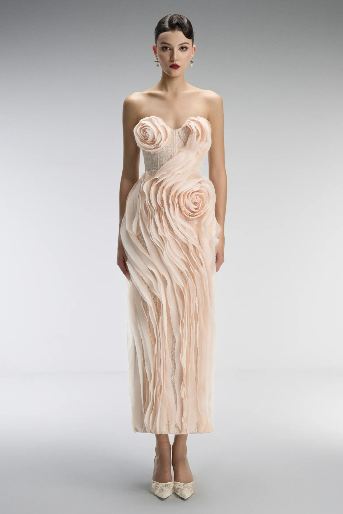 Serbira Strapless Floral layered Midi Dress In Pink