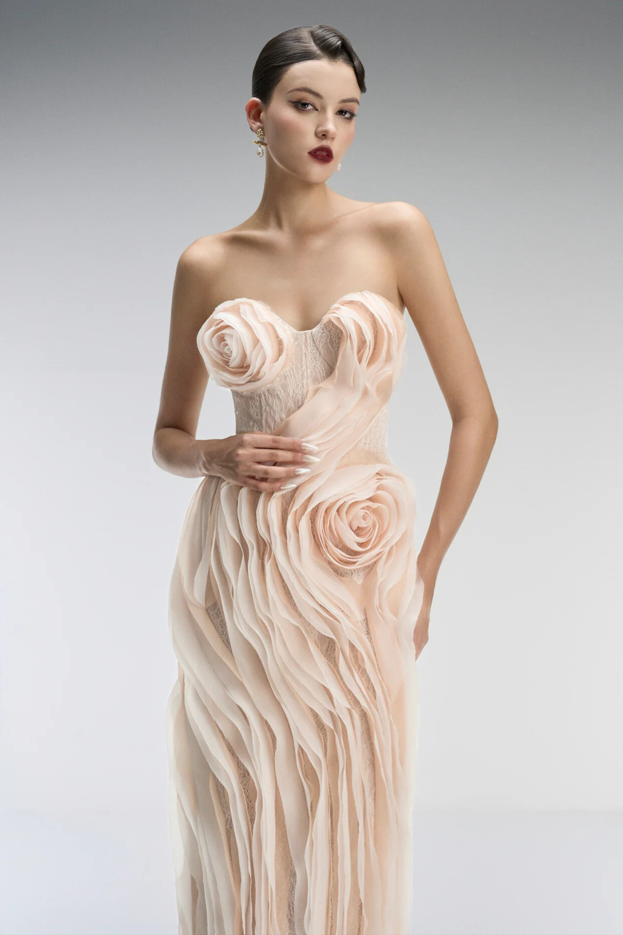 Serbira Strapless Floral layered Midi Dress In Pink