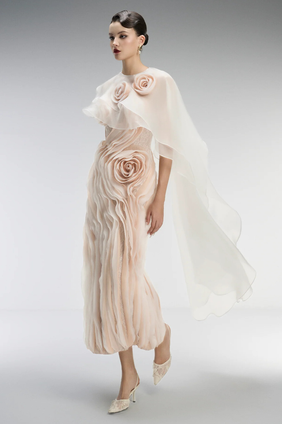 Serbira Strapless Floral layered Midi Dress In Pink