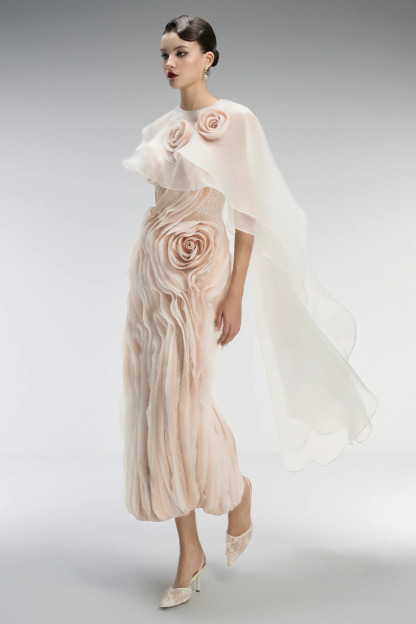 Serbira Strapless Floral layered Midi Dress In Pink