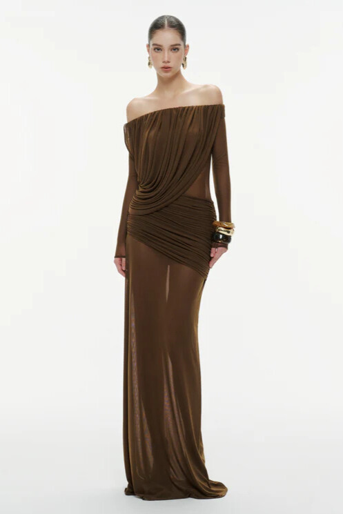Genevieve Off Shoulder Draped Mesh Maxi Dress In Brown