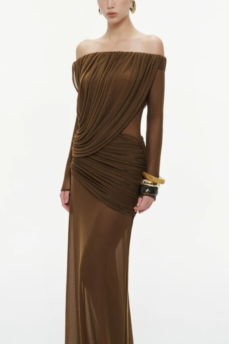 Genevieve Off Shoulder Draped Mesh Maxi Dress In Brown