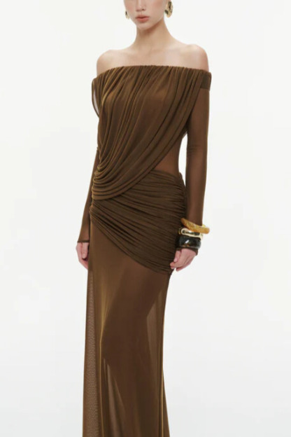 Genevieve Off Shoulder Draped Mesh Maxi Dress In Brown