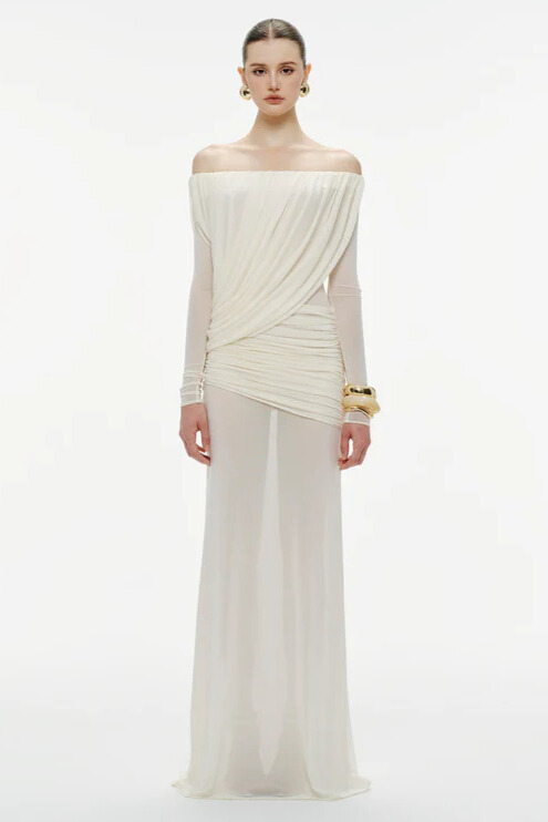 Genevieve Off Shoulder Draped Mesh Maxi Dress In White