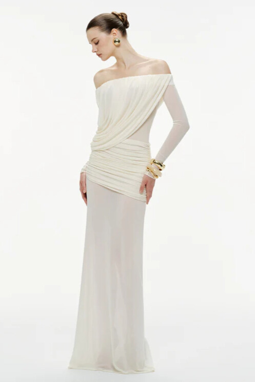 Genevieve Off Shoulder Draped Mesh Maxi Dress In White