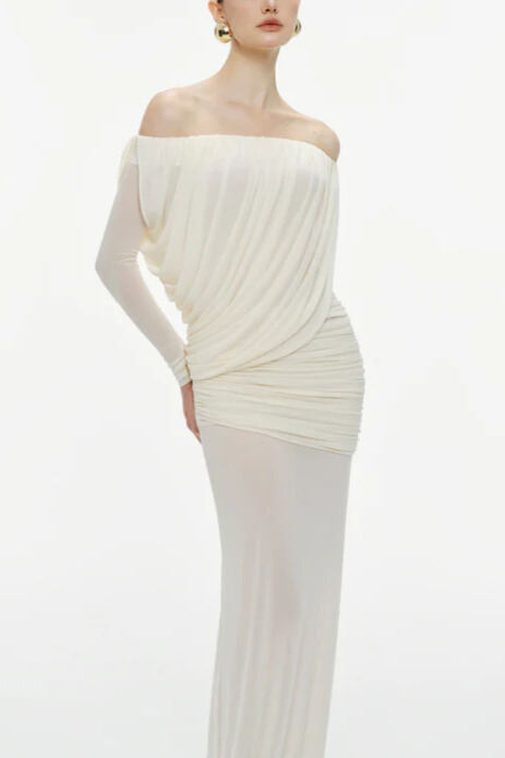 Genevieve Off Shoulder Draped Mesh Maxi Dress In White