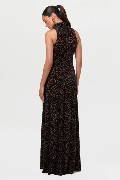 Joan High Neck Sleeveless Leopard Maxi Dress In Brown