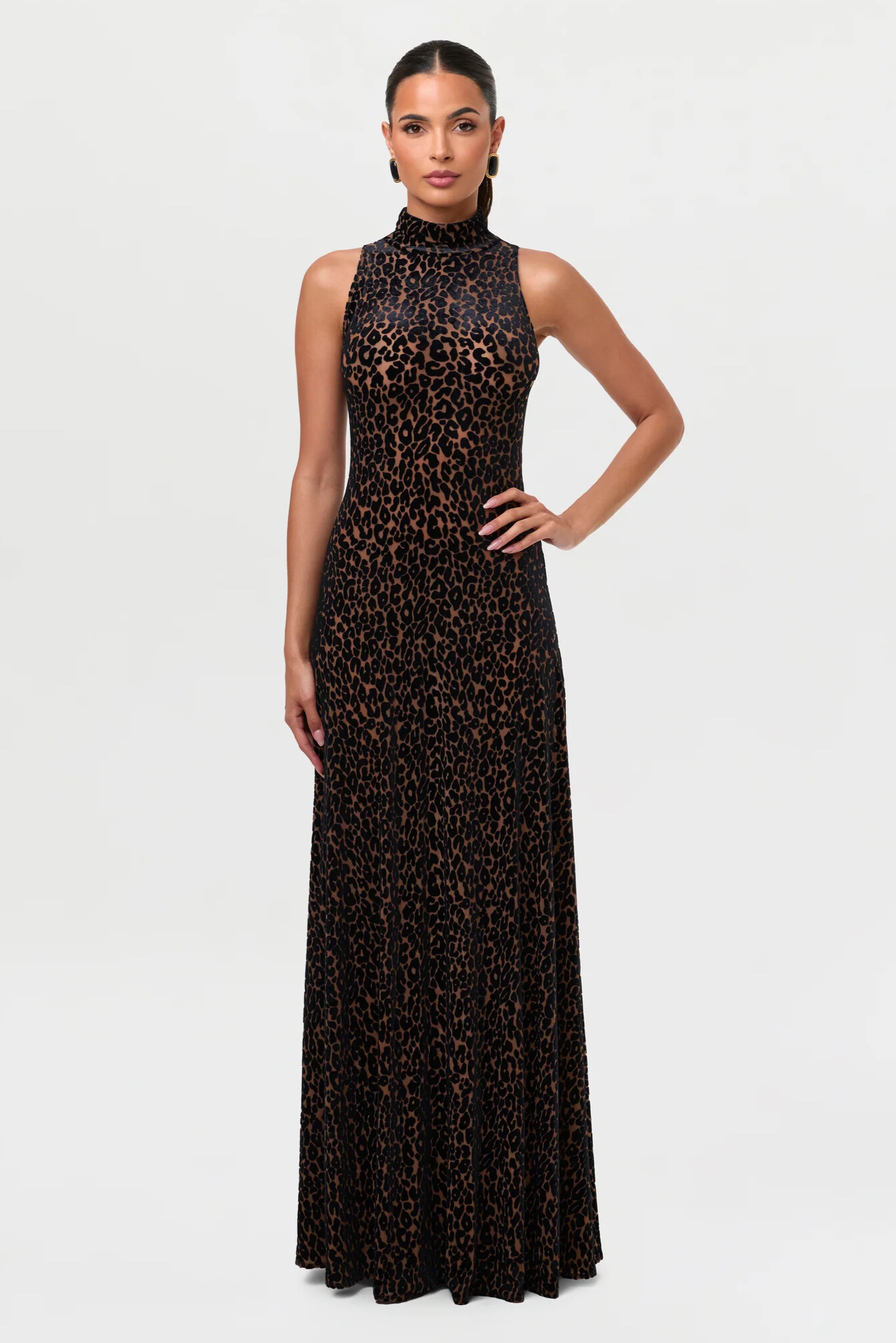 Joan High Neck Sleeveless Leopard Maxi Dress In Brown