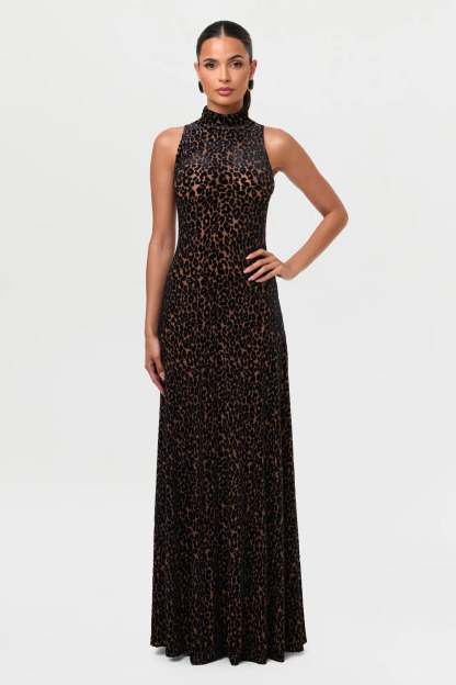 Joan High Neck Sleeveless Leopard Maxi Dress In Brown