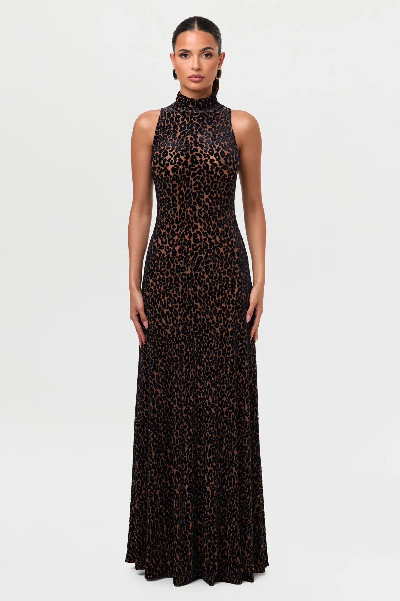 Joan High Neck Sleeveless Leopard Maxi Dress In Brown