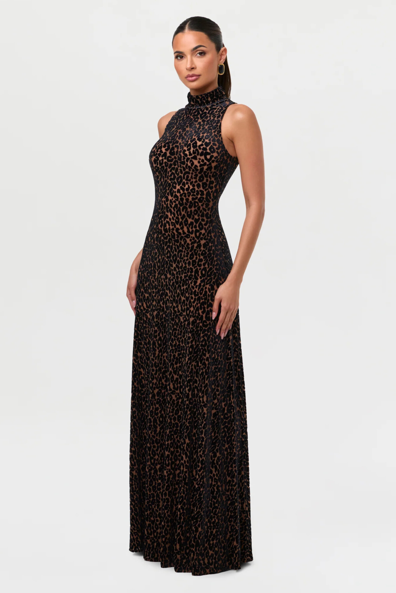 Joan High Neck Sleeveless Leopard Maxi Dress In Brown