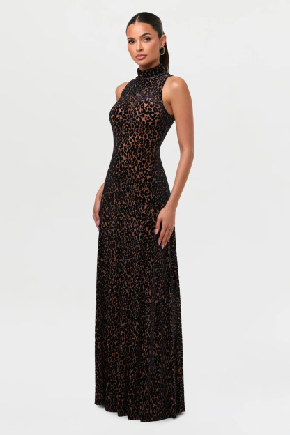 Joan High Neck Sleeveless Leopard Maxi Dress In Brown