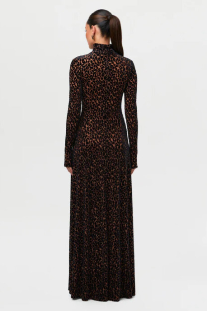 Joan Turtleneck Long Sleeve Leopard Maxi Dress In Brown
