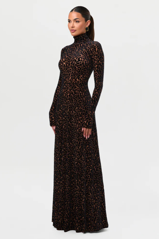 Joan Turtleneck Long Sleeve Leopard Maxi Dress In Brown