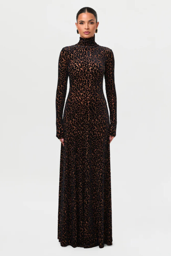 Joan Turtleneck Long Sleeve Leopard Maxi Dress In Brown