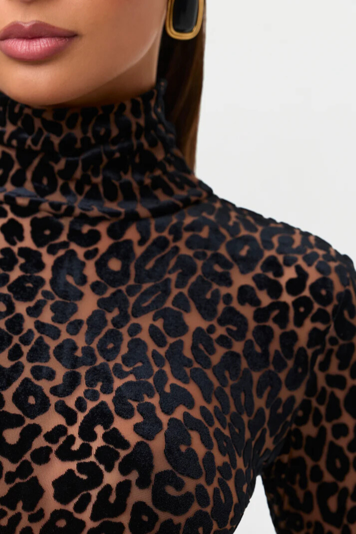 Joan Turtleneck Long Sleeve Leopard Maxi Dress In Brown