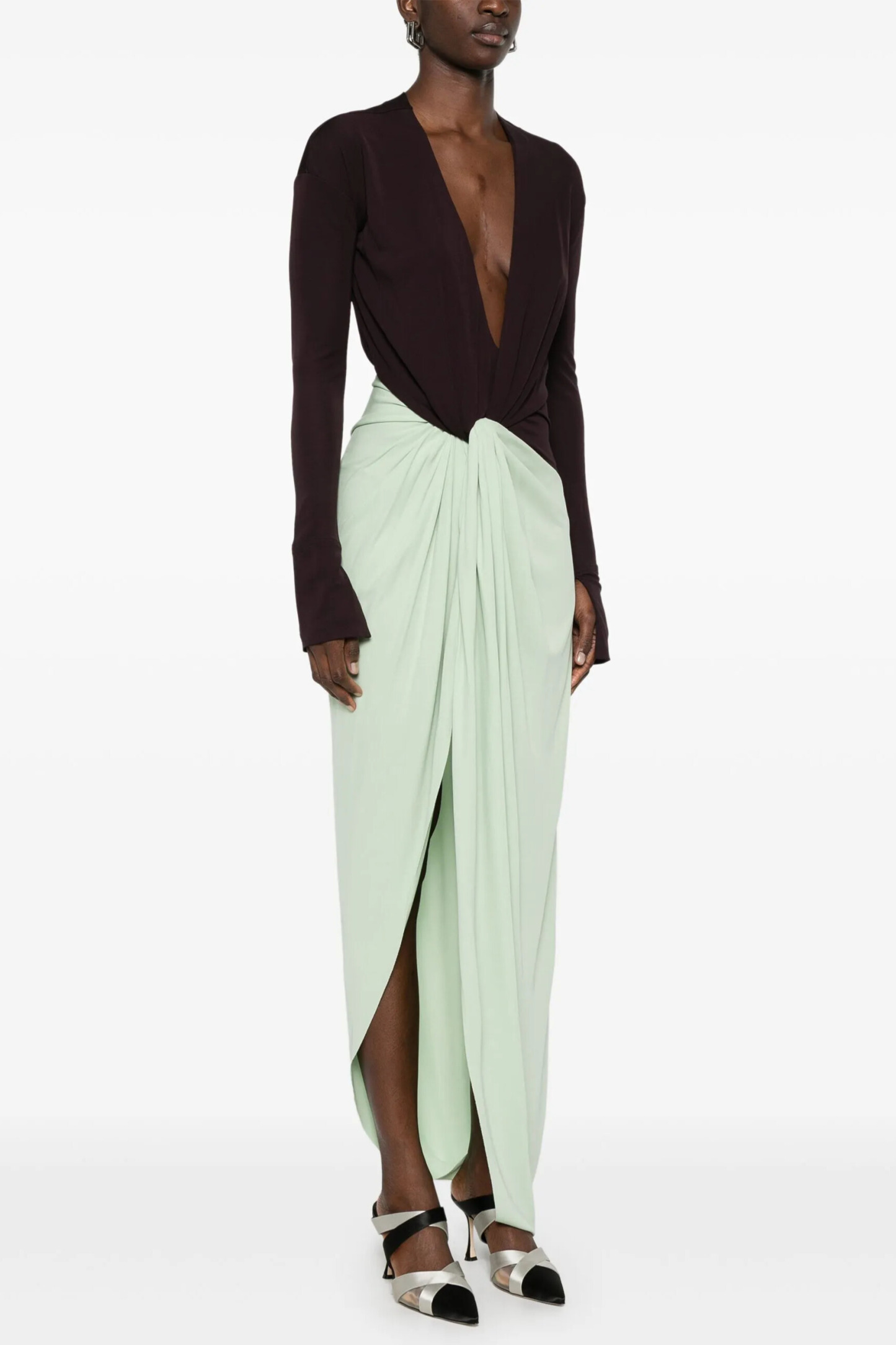 Sylvan Plunge Neck Colorblock Twisted Draped Maxi Dress