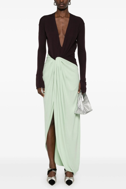 Sylvan Plunge Neck Colorblock Twisted Draped Maxi Dress