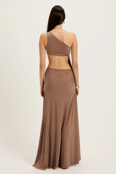 Acacia One Shoulder Cutout Split Maxi Dress In Brown