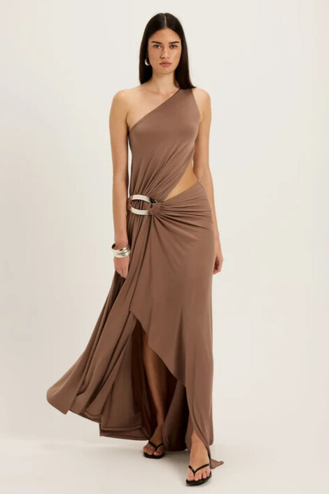 Acacia One Shoulder Cutout Split Maxi Dress In Brown