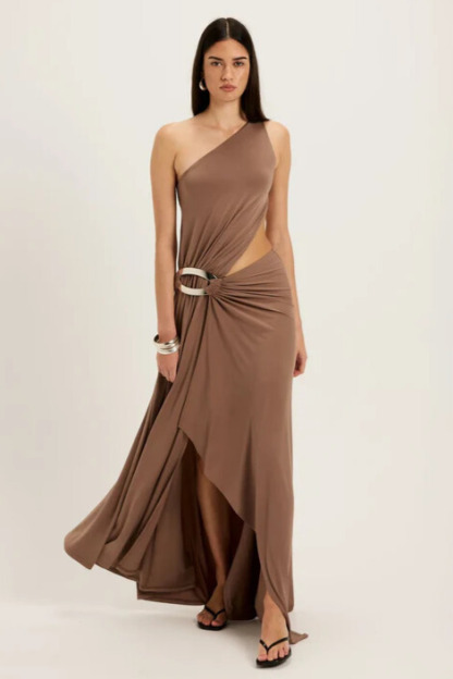 Acacia One Shoulder Cutout Split Maxi Dress In Brown