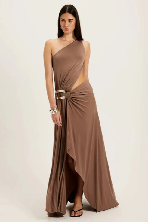 Acacia One Shoulder Cutout Split Maxi Dress In Brown