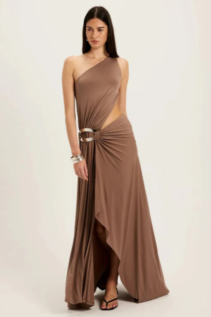 Acacia One Shoulder Cutout Split Maxi Dress In Brown
