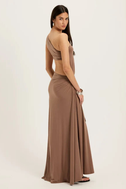 Acacia One Shoulder Cutout Split Maxi Dress In Brown